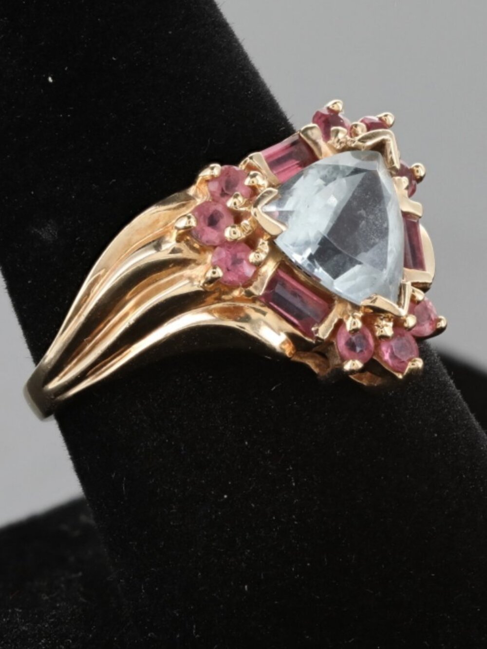 VTG 10K YELLOW GOLD FINE AQUAMARINE PINK TOPAZ RING SIGNED THL 5.6g sz 9